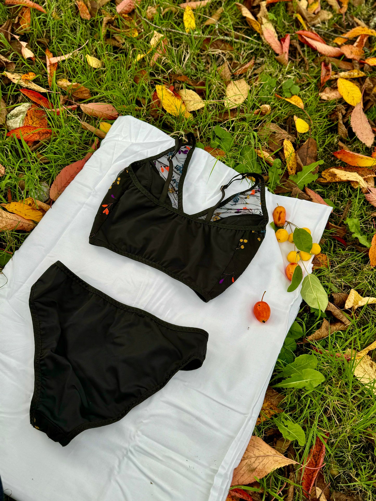 Black lace Bra Top with colorful embroidered flowers