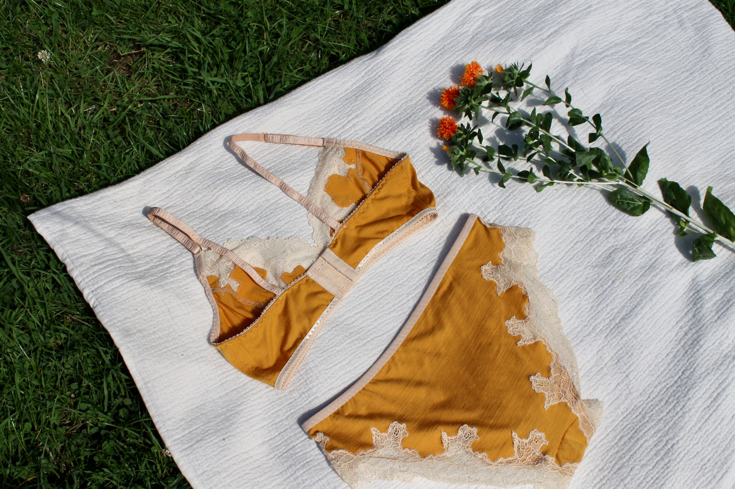 Marigold merino wool bralette/ handmade merino wool lingerie with lace