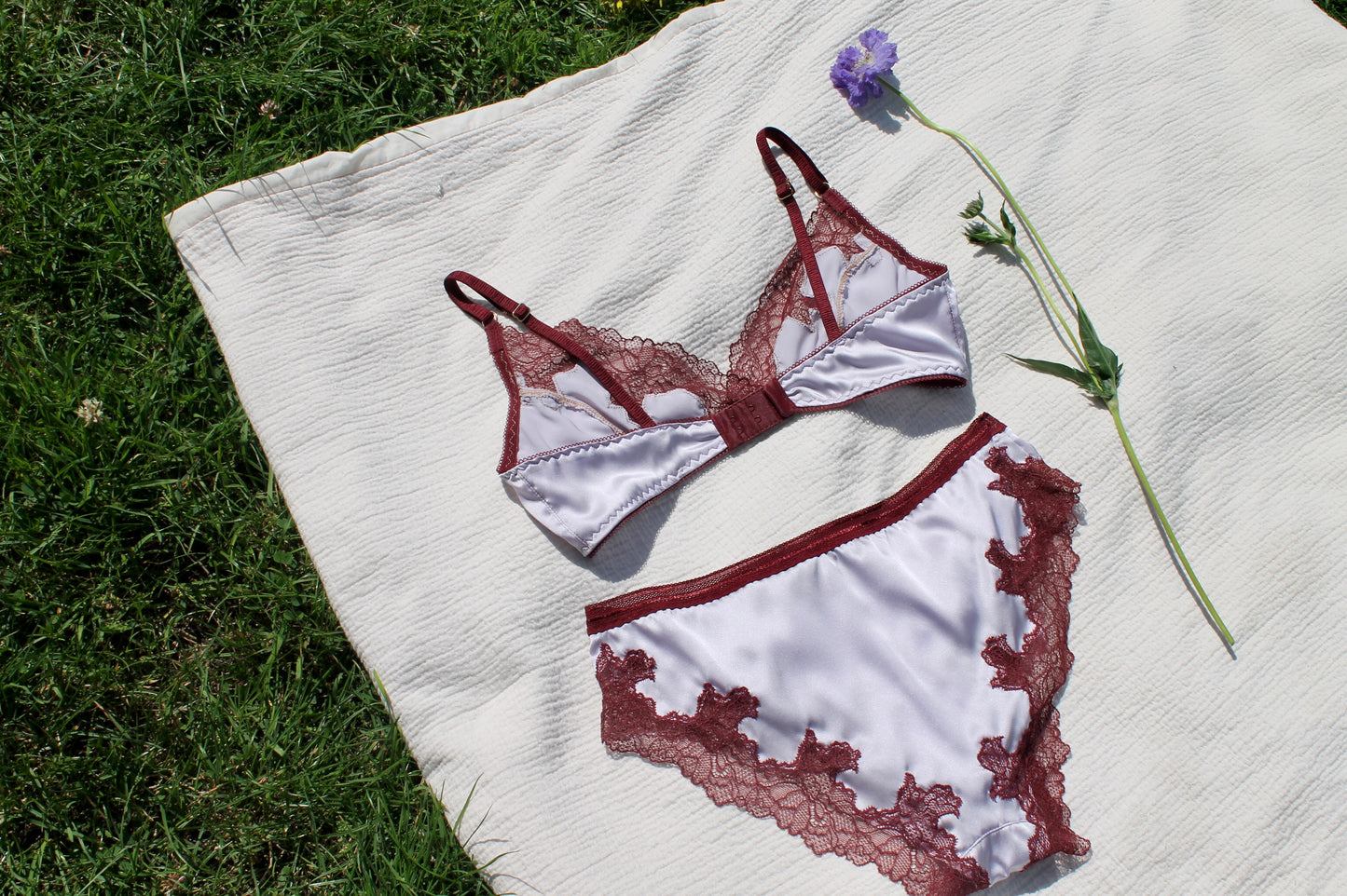 Lavender and plum silk bralette with lace inlay