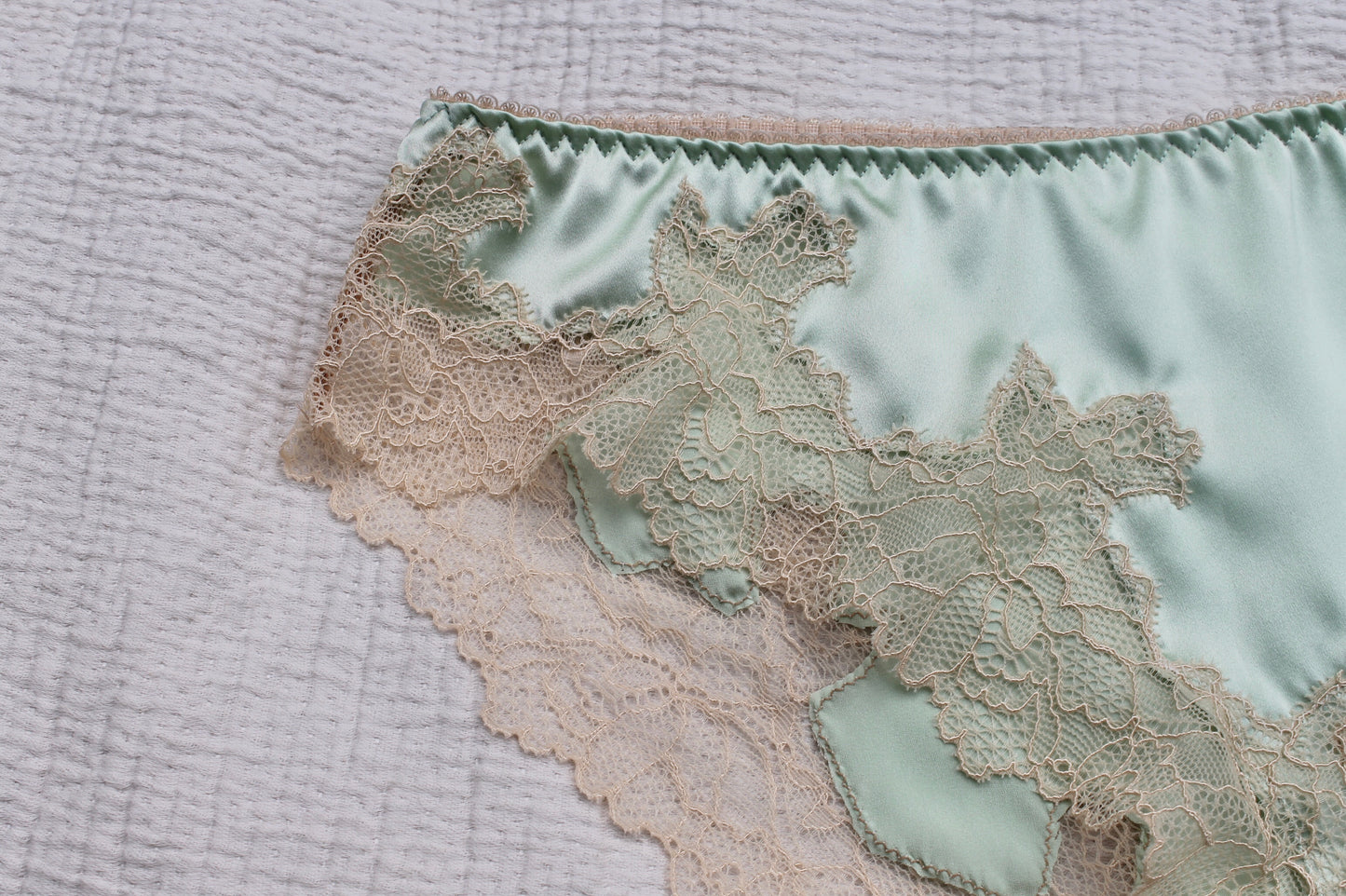 Sage green silk low waist knickers with cream lace