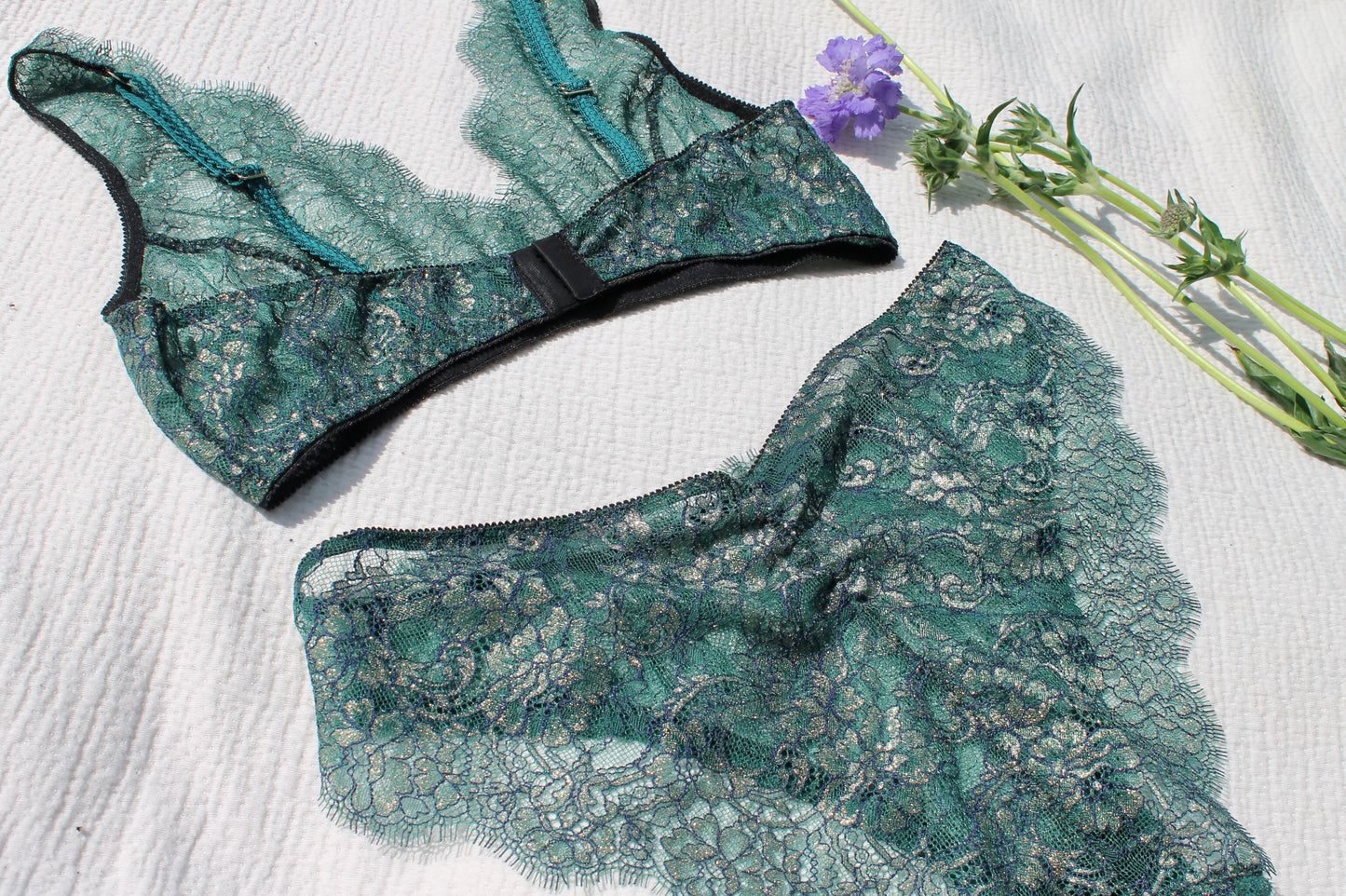 Green and gold lace bralette