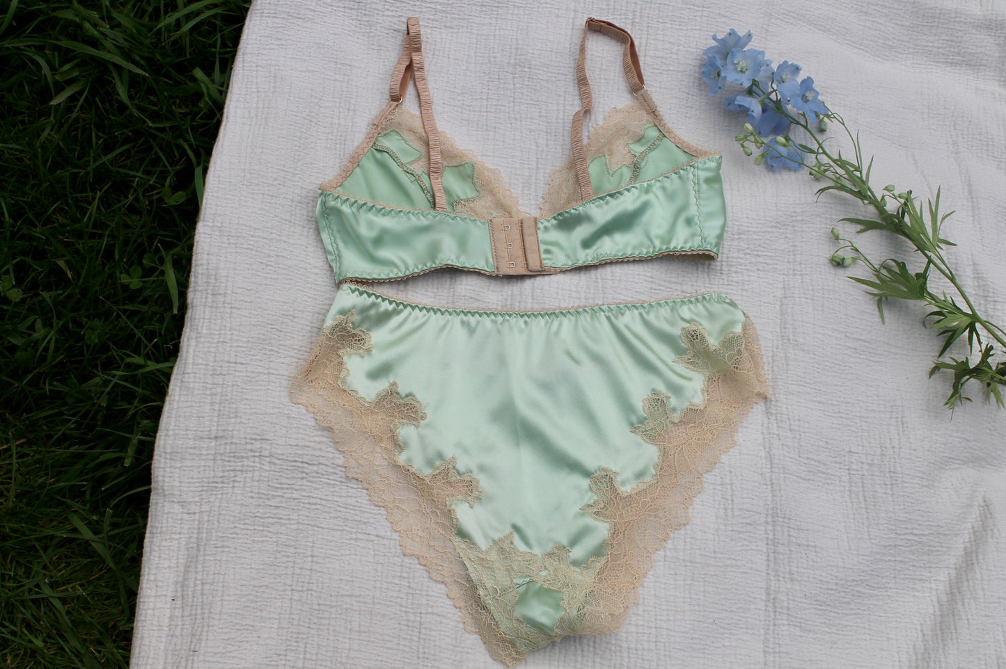 Sage green silk low waist knickers with cream lace