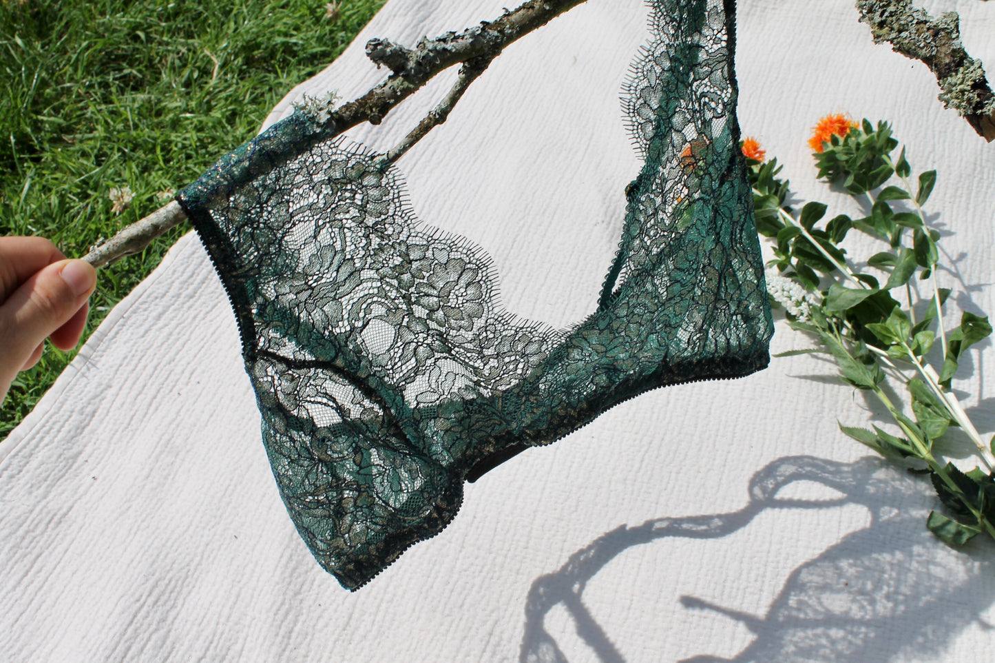 Green and gold lace bralette