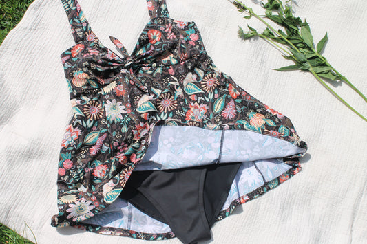 Floral fantasy Swimdress/ Retro one piece swimwear made from ethical fabrics