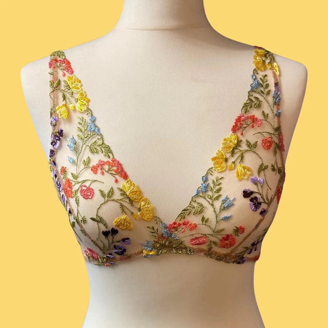 Embroidered bralette on mannequin from the front