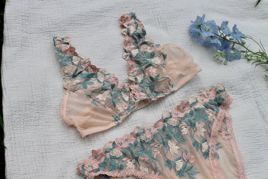 Blush lace bralette with embroidered flowers