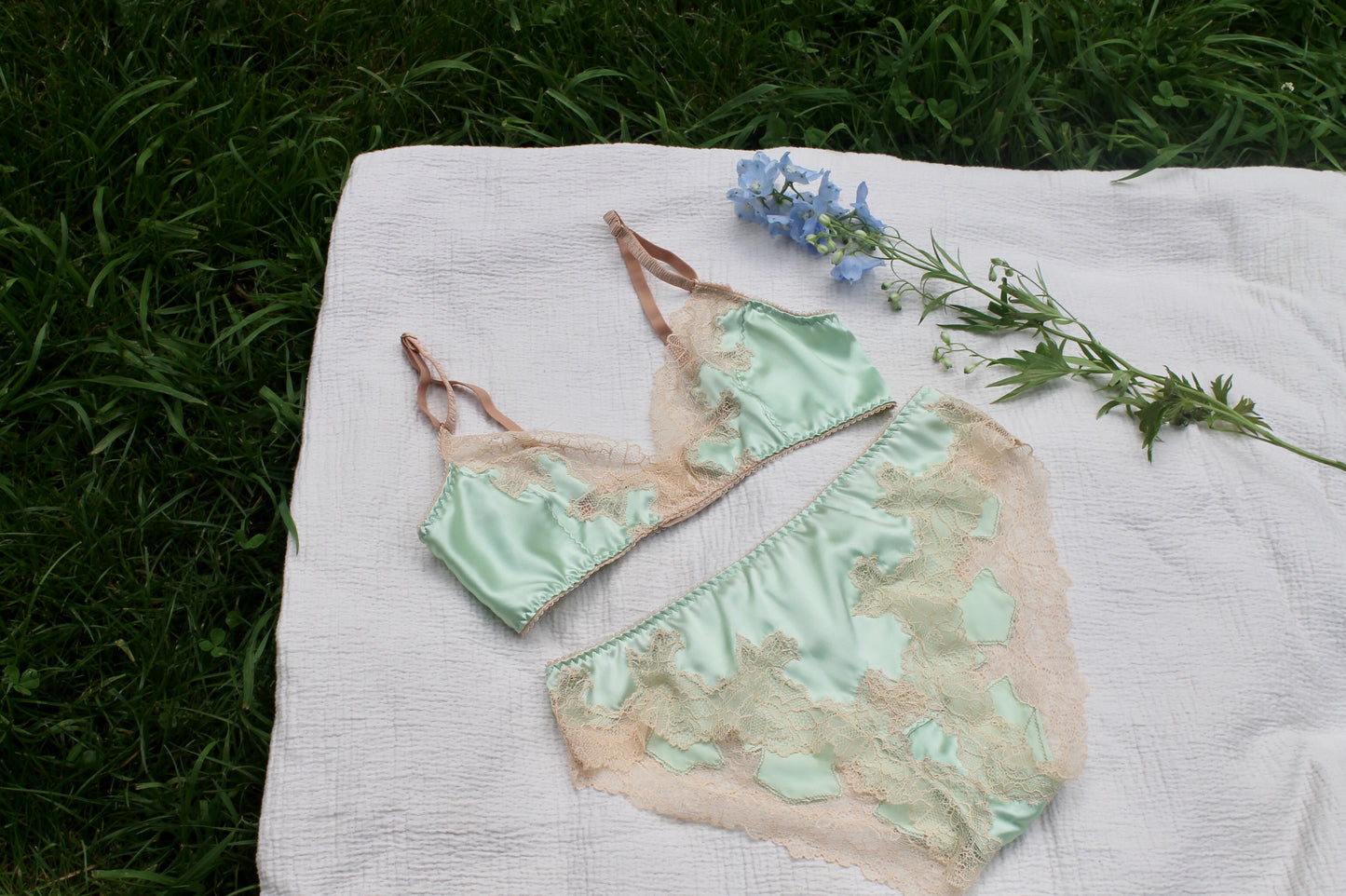 Sage green silk low waist knickers with cream lace