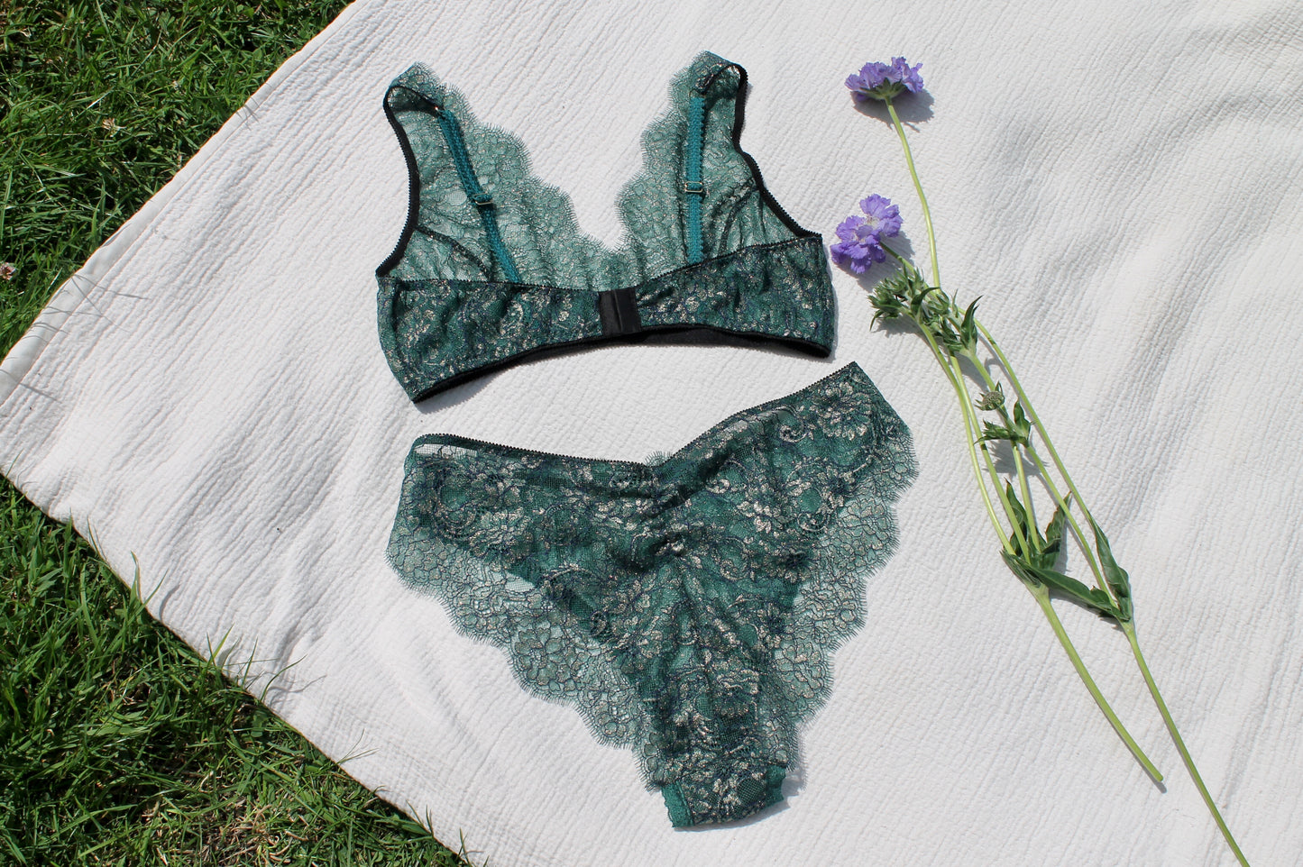 Green and gold lace bralette