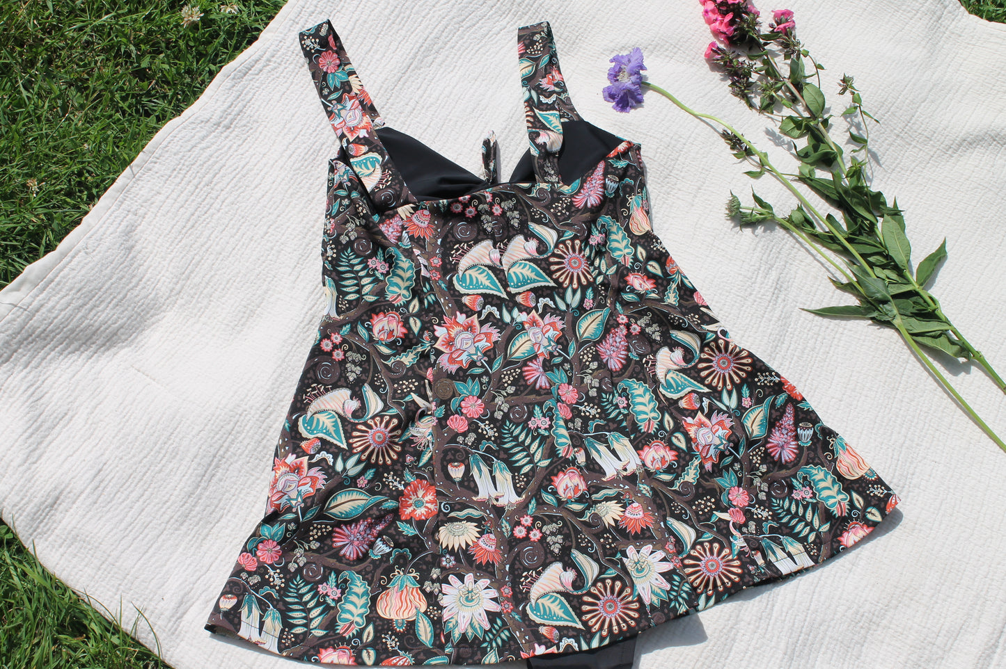 Floral fantasy Swimdress/ Retro one piece swimwear made from ethical fabrics