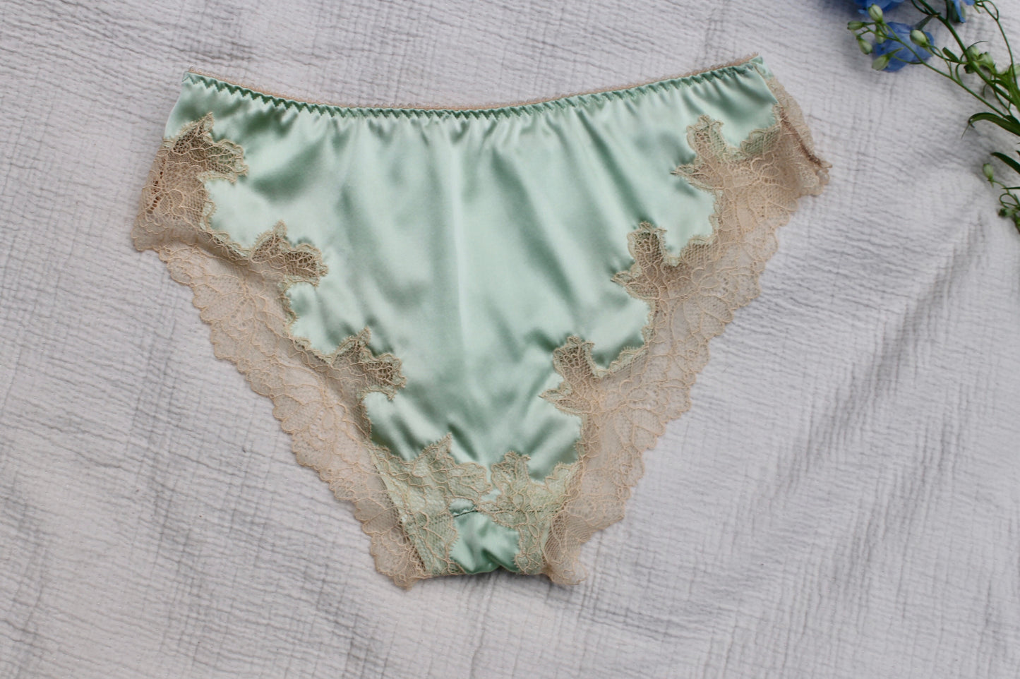 Sage green silk low waist knickers with cream lace