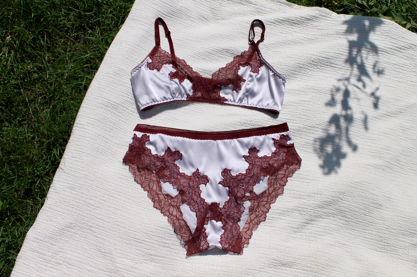 Lavender and plum silk bralette with lace inlay