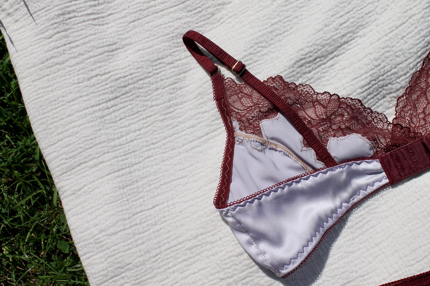 Lavender and plum silk bralette with lace inlay